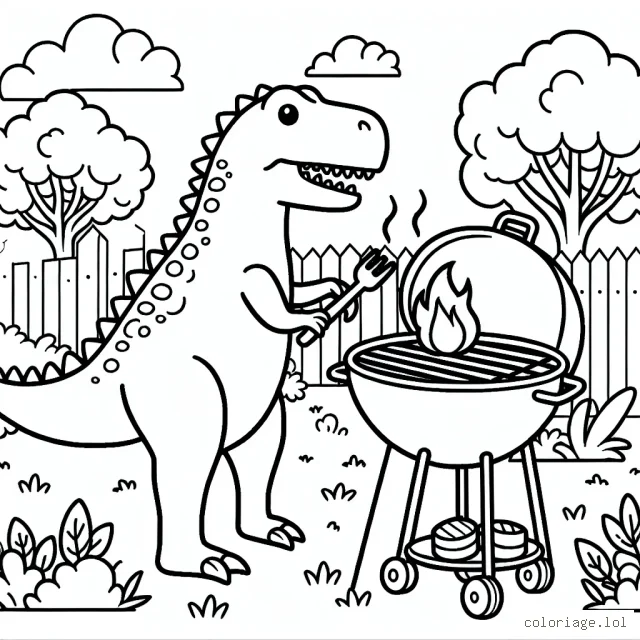 Un dinosaure qui fait un barbecue dans son jardin