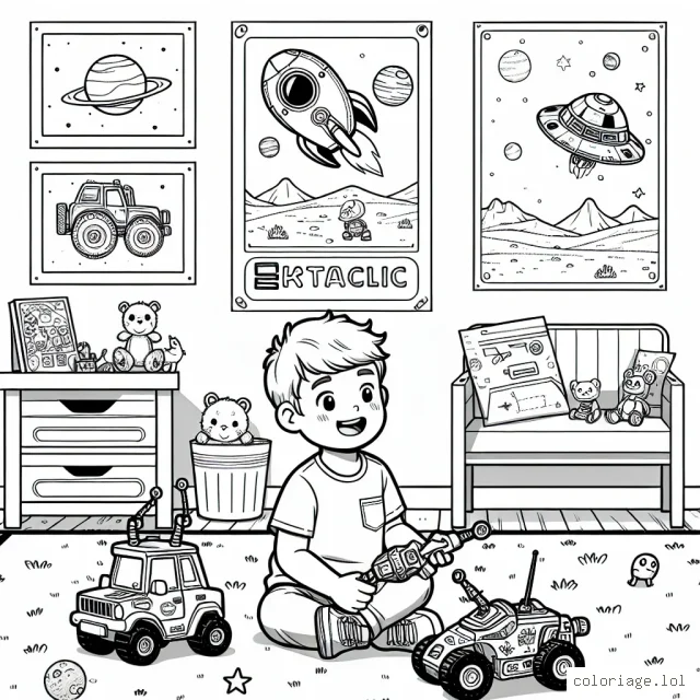 Un petit garçon heureux joue avec ses jouets robotiques dans sa chambre aventurière, remplie d'affiches de l'espace, d'un grand poster de véhicules et de stickers d'animaux sauvages.
