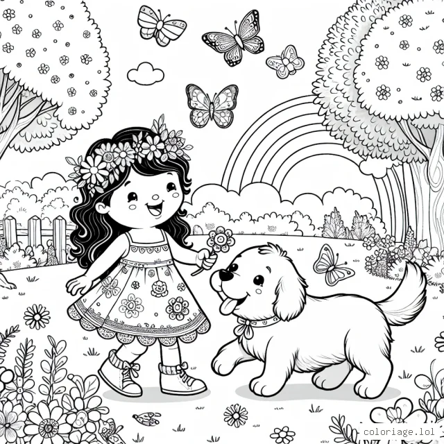 C'est une scène joyeuse d'une petite fille jouant avec son chien loyal dans un parc sur une belle journée d'été. Elle porte une robe d'été avec des fleurs et des papillons. Le chien, un golden retriever, est actif et enjoué. Le parc est rempli de beaux arbres, de fleurs et d'oiseaux participant à la mélodie de l'été. Il y a aussi un arc-en-ciel éclatant dans le ciel.