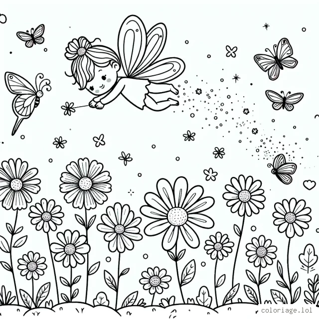 Une petite fée vole au-dessus d'un champ de fleurs, éparpillant de la poussière magique pour aider les fleurs à pousser. Cette scène joyeuse est agrémentée de papillons agiles et d'oiseaux chanteurs.