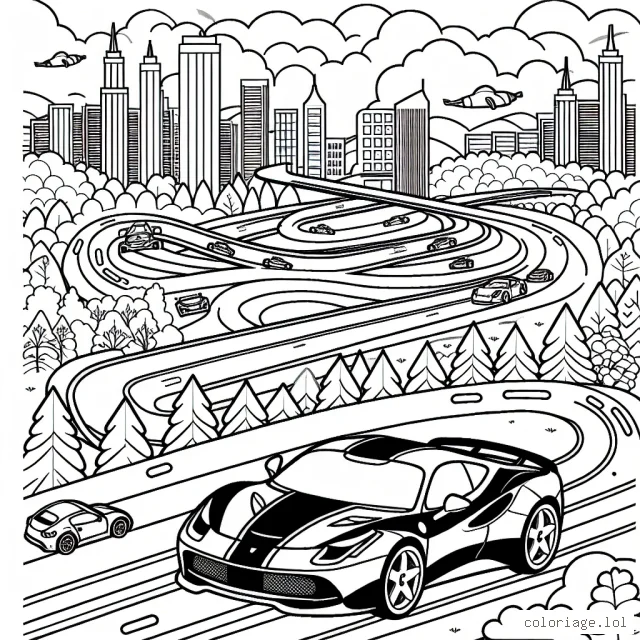 Une course palpitante d'automobiles rapides sur une piste en zigzag traversant la forêt, la ville et le désert. Au centre, une voiture de sport rouge est en tête.