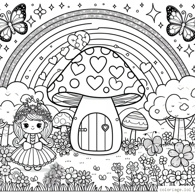 Une princesse mignonne qui vit dans une jolie petite maison champignon en forme de forme de coeur, surplombe un paysage féerique, peuplé de papillons chatoyants, de fleurs vivement colorées et de petits animaux mignons. À côté de la maison se trouve un arc-en-ciel vibrant qui ajoute une touche magique à la scène.