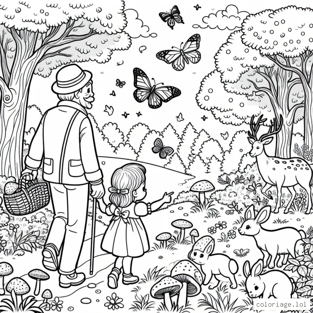 Cette petite fille accompagne son papa dans la forêt enchantée pour chercher des champignons. Ils rencontrent différents animaux forestiers, tels que des lapins, des écureuils, des biches et des oiseaux. Pour couronner le tout, ils aperçoivent de magnifiques papillons au-dessus de la rivière. Aidez cette petite fille à ramener des couleurs magiques sur cette page.