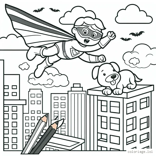 Dessine un super héros avec sa cape qui vole au-dessus de la ville pour sauver un chiot coincé sur le toit d'un immeuble.