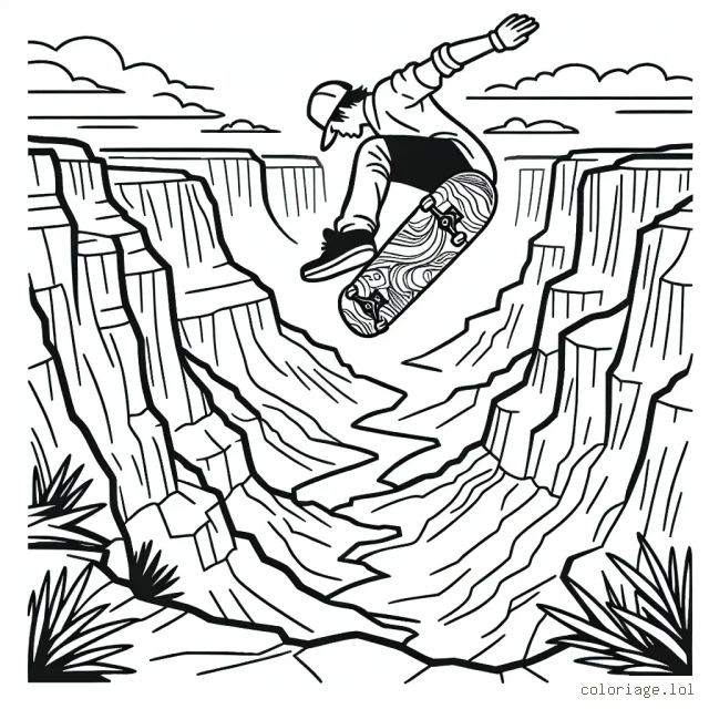Dessine un skateur exécutant un flip incroyable au-dessus d'un canyon impressionnant.