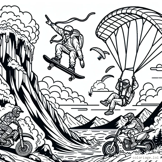 Un skateboarder effectue un étonnant saut en hauteur au-dessus de montagnes rocheuses, tandis qu'un parapentiste virevolte dans le ciel électrisant. Un surfeur chevauche une vague démesurée et un alpiniste est en train d'escalader courageusement une paroi quasi verticale. Les motards pratiquent du motocross sur un terrain accidenté.