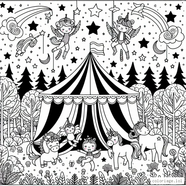 Imagine et colorie un formidable cirque étoilé dans une forêt enchantée, avec des animaux farfelus et des acrobates dansant dans les cieux.