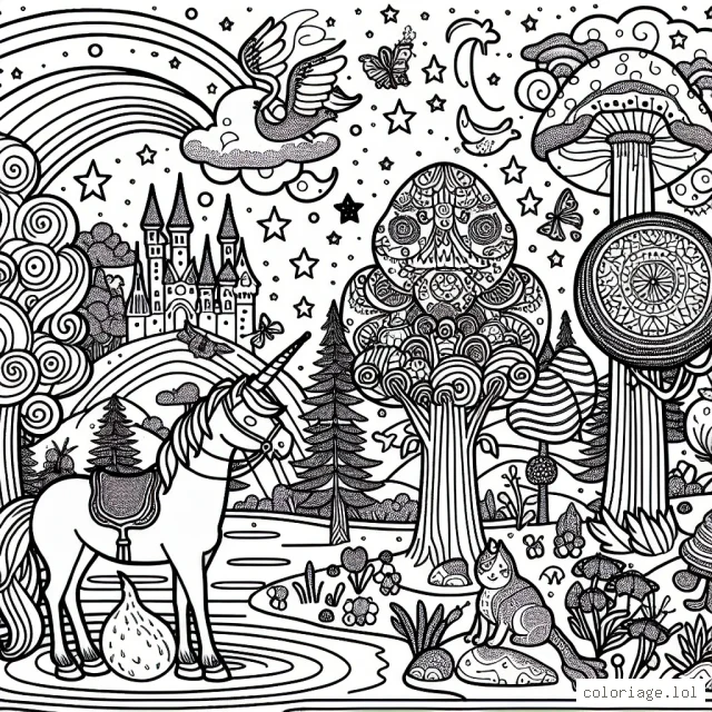 DALL-E, créez un coloriage pour enfant avec des animaux fantastiques et des paysages imaginaires