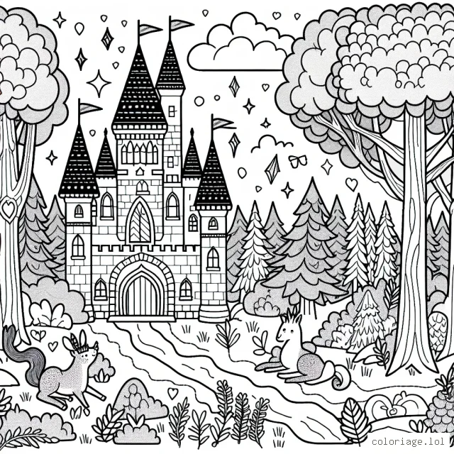 Un château enchanté niché dans une forêt féerique, entouré de créatures magiques