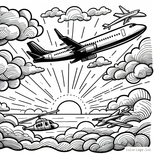 Sur ton cahier, imagine un avion volant haut dans le ciel avec des nuages luxuriants tout autour et un coucher de soleil déploiement un spectre de couleurs. Le dessin doit également inclure différents types d'avions, des hélicoptères aux jets en passant par les avions de ligne.