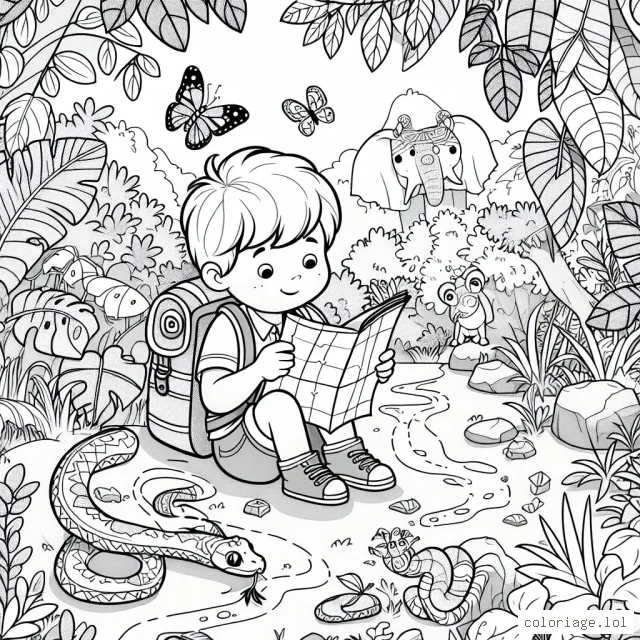 Un petit garçon fait une promenade magique dans la jungle avec son sac à dos rempli d'outils d'explorateur, s'arrête pour jeter un coup d'œil à la carte alors qu'un papillon coloré se pose sur son épaule. Autour de lui, des plantes exotiques et des animaux curieux l'observent. Un serpent s'enroule autour d'une liane, un singe joue avec des bananes et une famille d'éléphants joue près de la rivière.