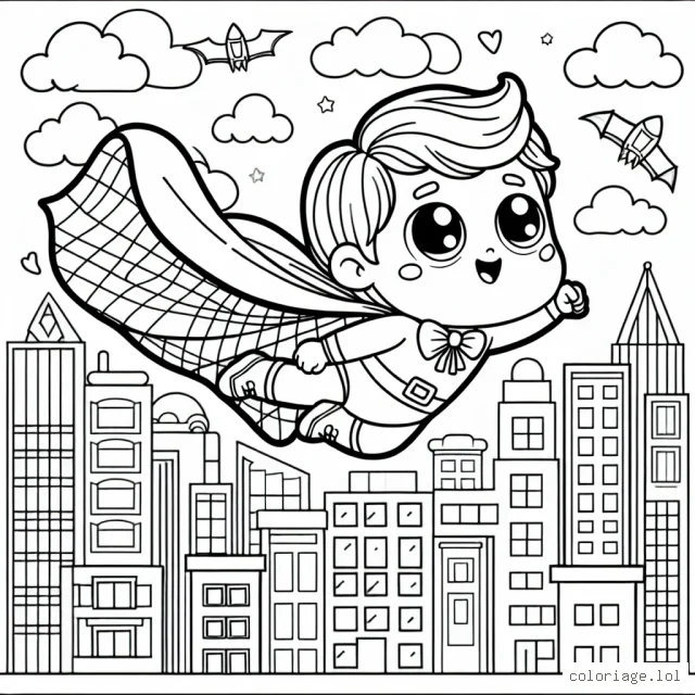 Scène d'un petit garçon superhéros volant au-dessus de la ville