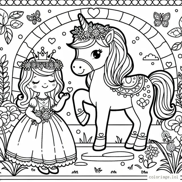 Dessine une licorne princesse dans un jardin enchanteur