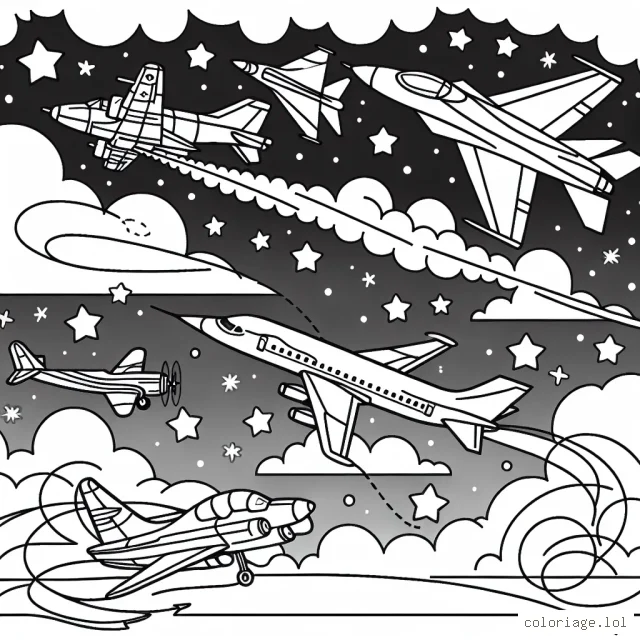Un magnifique spectacle laisse place à un ballet aérien de différents types d'avions. Dans ce dessin, tu peux voir un avion de chasse super rapide, un gros avion de passagers et un avion acrobatique réalisant de superbes loopings dans le ciel. Utilise tes couleurs pour terminer le décor du ciel étoilé, des nuages ​​doux et de la terre en dessous!