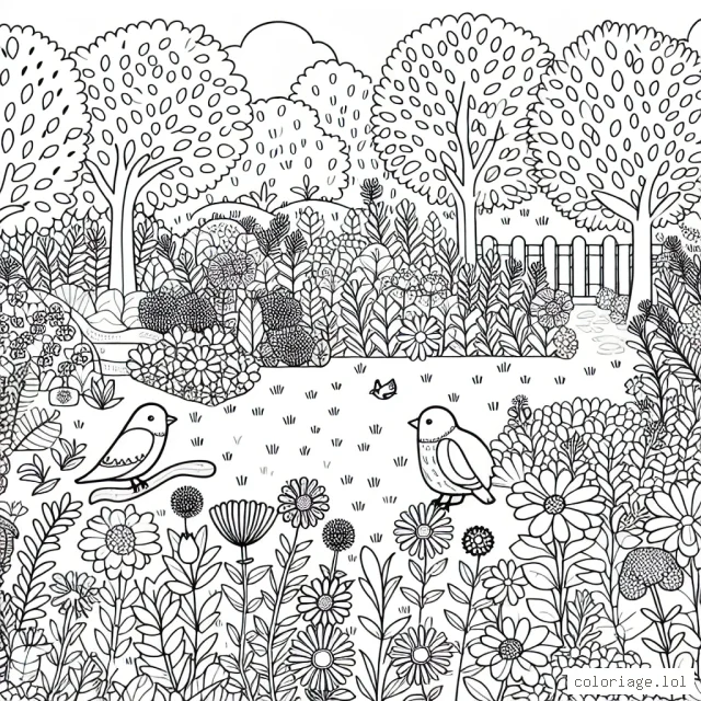 Un vaste jardin peuplé d'oiseaux multicolores et parsemé de fleurs sauvages.