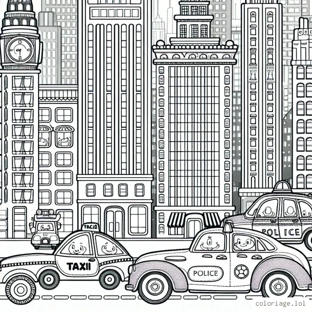 Un défilé animé dans une rue citadine avec plusieurs sortes de voitures : un taxi jaune, une voiture de police, une décapotable rouge et une vieille voiture à l'ancienne. Les bâtiments en arrière-plan sont hauts et modernes avec beaucoup de fenêtres. Les voitures ont des expressions de visage amusantes et amicales. Après avoir colorié l'image, l'enfant peut recouper les voitures pour jouer avec.