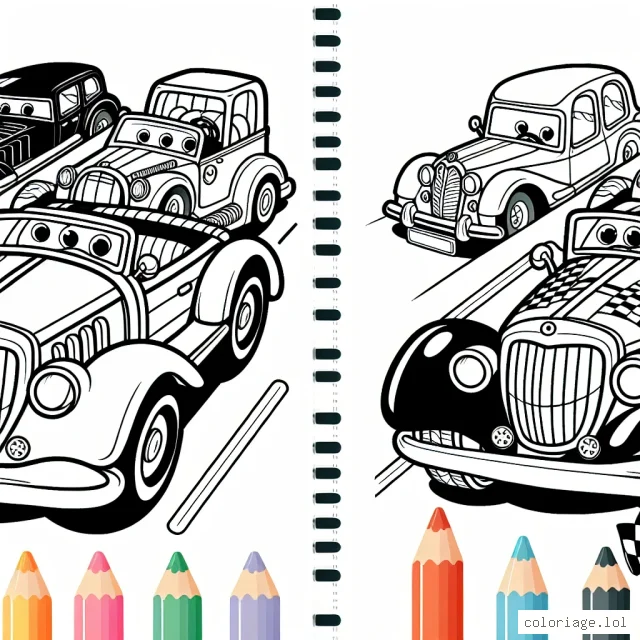 Dessinez une scène animée dans une course de voitures animée avec différents modèles de voitures classiques et modernes. Chaque voiture a des détails uniques et une variété de motifs que vous pouvez colorer.
