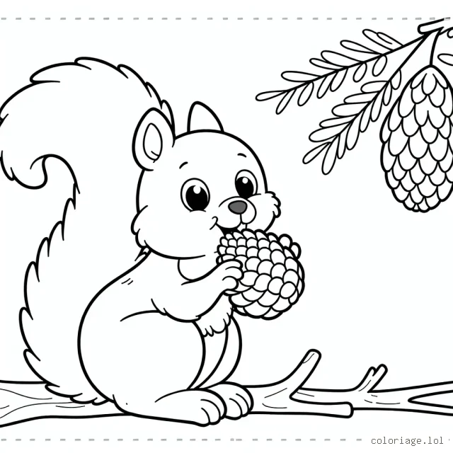 Un écureuil qui grignote une pomme de pin sur une branche d'arbre