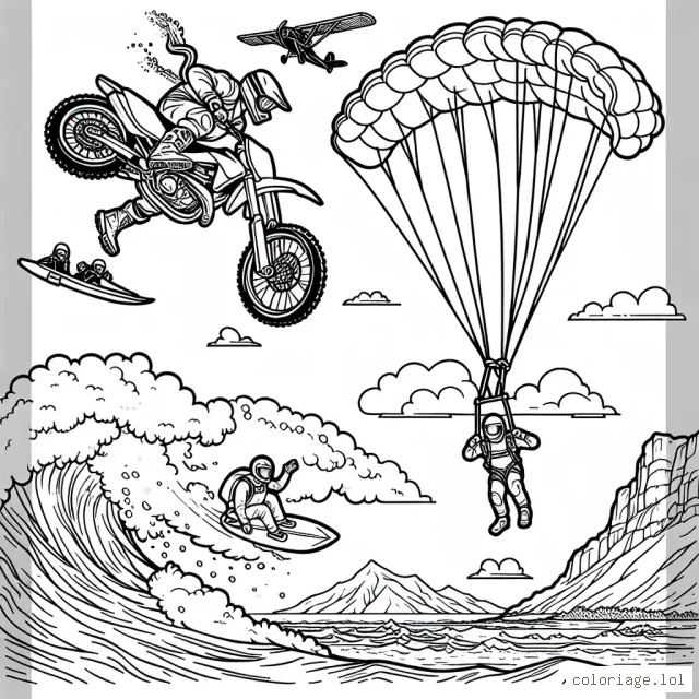 Un motocross à plein régime sur une pistes accidentée, un parachutiste planant dans le ciel clair, une planchiste surfant sur de grandes vagues et un alpiniste escarpé valorisent l'excitation et la passion des sports extrêmes