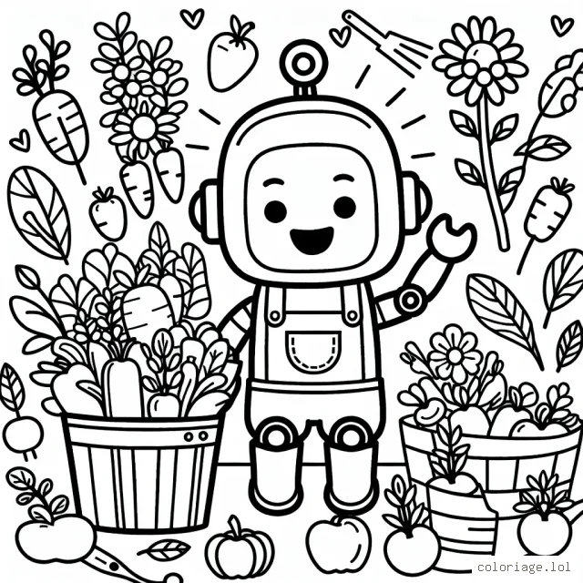 Un robot amical jardinant avec des légumes et des fleurs colorés