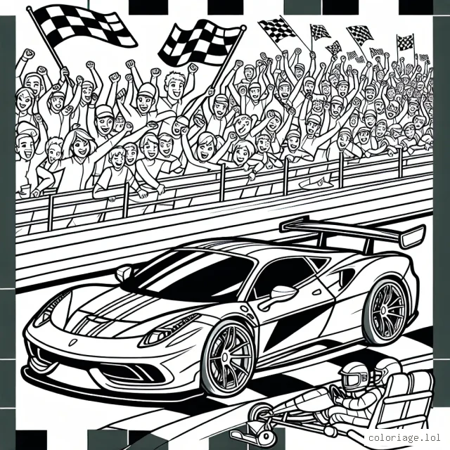Dessine une voiture de sport filant à toute vitesse sur une piste de course animée ! Ajoute des détails intéressants comme des drapeaux à damier, des supporters enthousiastes en arrière-plan et n'oublie pas d'intégrer de nombreuses couleurs vives pour rendre la scène vivante et excitante.