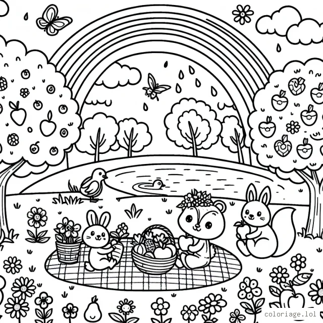 Une scène idyllique d'un pique-nique familial avec un arc-en-ciel dans un parc rempli de fleurs colorées, d'arbres fruitiers et de petits animaux amusants, dont un écureuil tenant une pomme, un lapin grignotant une carotte et une famille de canards nageant dans une petite mare.