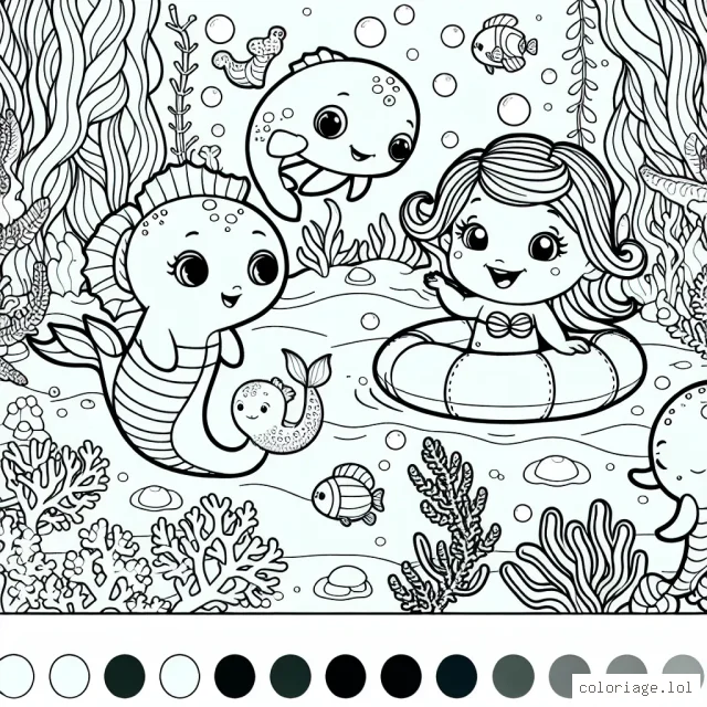 Une petite sirène jouant avec des amis de la mer dans un jardin sous-marin luxuriant
