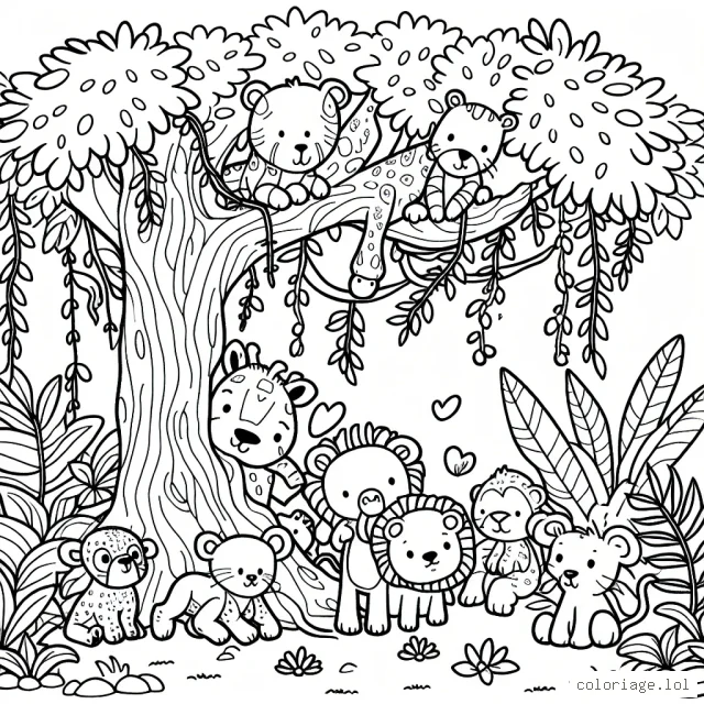 Un groupe d'animaux de la jungle jouant à cache-cache au milieu des arbres et des lianes