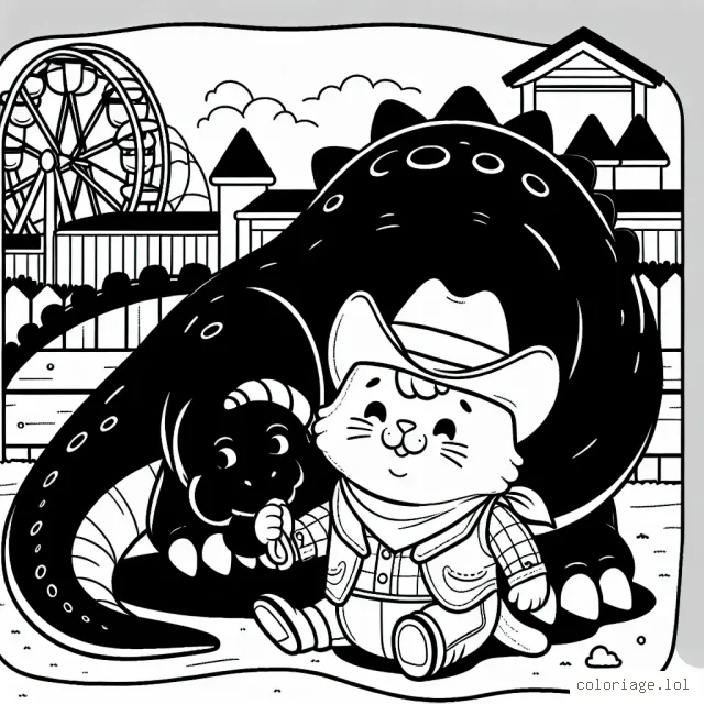 Imagine une scène où un chat costaud et sympathique, portant un chapeau de cowboy, dompte gentiment un énorme dinosaure dans un parc d'attractions.