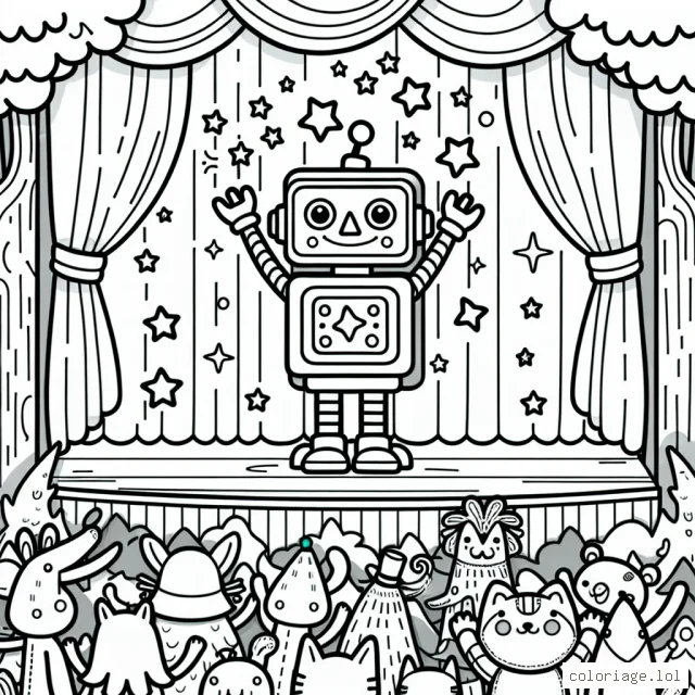 Un robot jovial effectuant un tour de magie sur une scène colorée sous les applaudissements d'un public d'animaux de la forêt