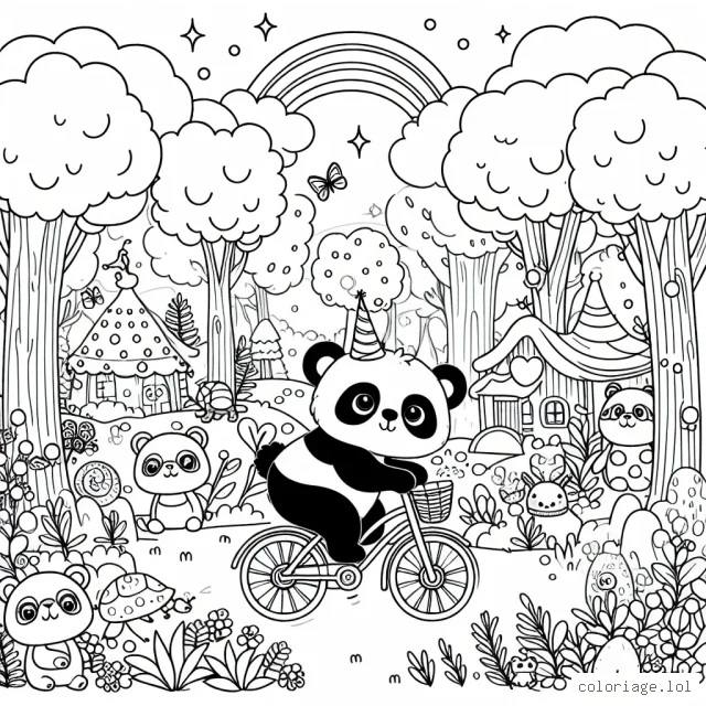 Un petit panda à vélo parcourt une forêt enchantée peuplée de créatures merveilleuses