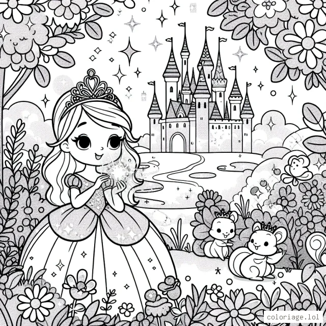 Imagine un magnifique jardin de princesses enchantées, avec des fleurs scintillantes, des créatures féériques et des châteaux brillants au loin