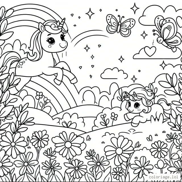 Un joli jardin magique avec des fleurs qui dansent, un papillon qui sourit et une licorne qui joue.