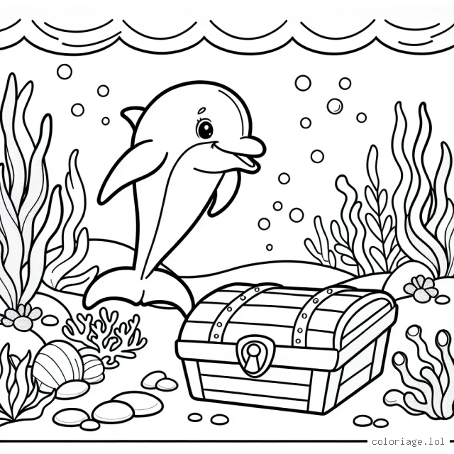 Ramène à la vie les merveilles de l'océan en coloriant cette scène sous-marine avec un dauphin joyeux et un trésor englouti !