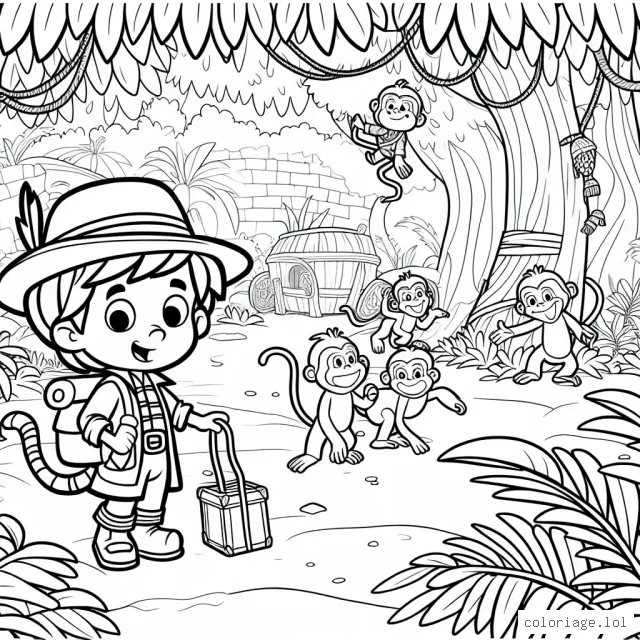 Une scène de la jungle animée avec le petit explorateur Julien, un groupe de singes qui jouent et un trésor caché à découvrir.