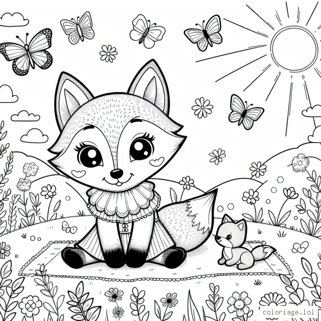 Un petit renard qui joue avec des papillons dans une prairie fleurie pendant un après-midi d'été