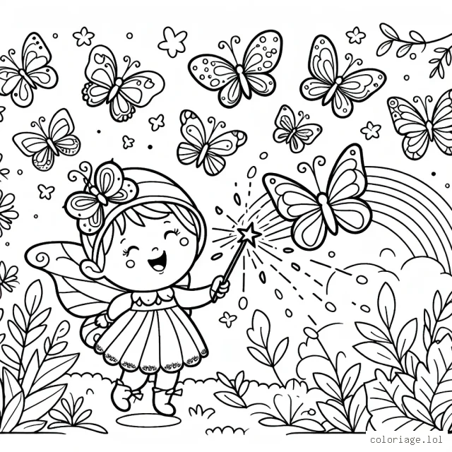 Dessine une petite fée des bois en train de faire voler des papillons multicolores avec sa baguette magique