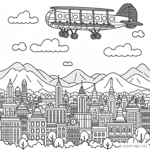 Un convoi aérien fantastique passant au-dessus d'une ville animée avec des montagnes en arrière-plan.