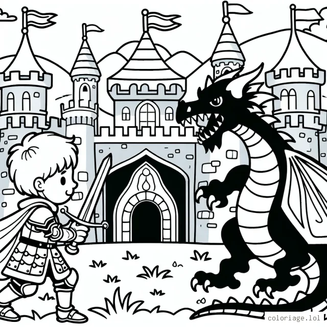 Un petit garçon chevalier affronte un féroce dragon souriant devant un majestueux château médiéval.