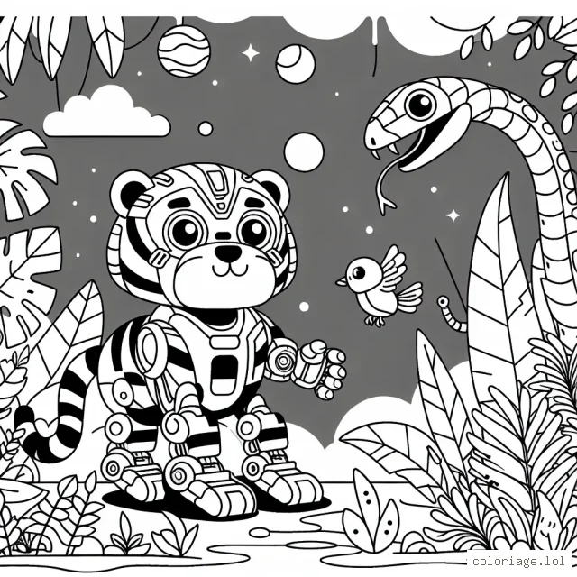 Imaginez un robot-tigre explorant une jungle futuriste, plein de plantes et d'animaux exotiques. Le robot-tigre est en mission pour sauver un oiseau rare kidnappé par un méchant robot-serpent.