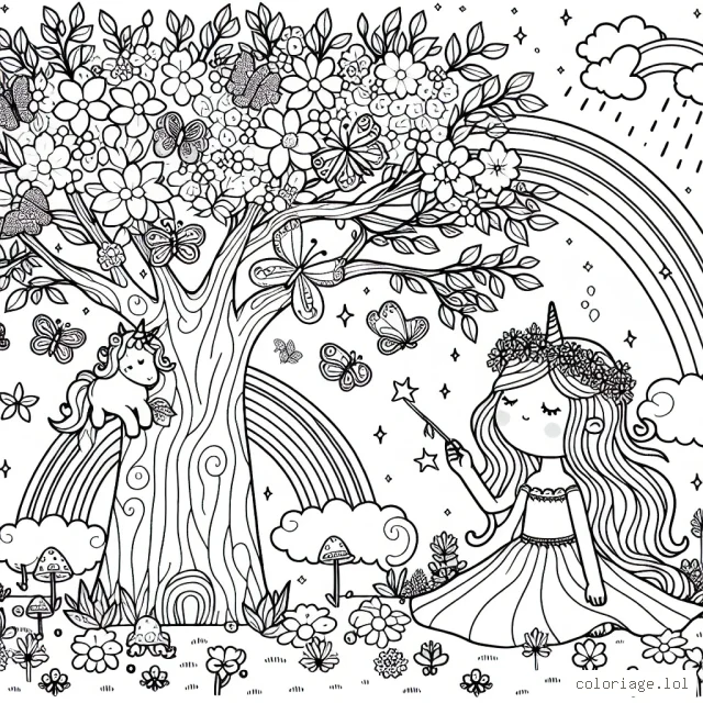 Une princesse du royaume des fleurs, assise sur la branche de l'arbre de vie, est entourée de papillons féériques colorés et de petites fées scintillantes. Des arc-en-ciel traversent le ciel dans le lointain tandis que des licornes gambadent joyeusement dans les fleurs sous l'arbre.