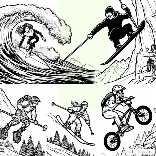 Des athlètes sont en train de pratiquer divers sports extrêmes. Il y a un surfeur qui affronte une vague géante, un skieur qui dévale une pente raide, un grimpeur d'escalade qui défie une falaise verticale et un cycliste de BMX qui fait un saut audacieux.
