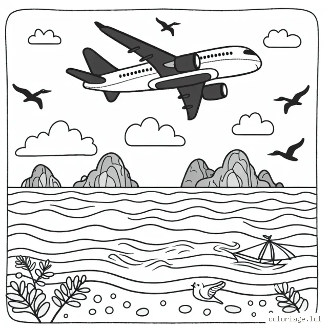 Un avion survolant l'océan, avec de magnifiques îles en contrebas et une variété d'oiseaux colorés dans le ciel.