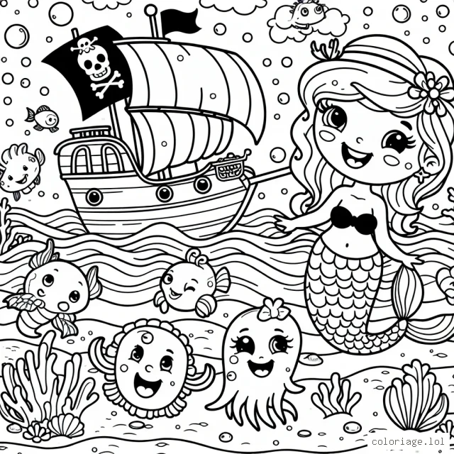 Un océan animé avec une sirène, un pirate et des créatures marines souriants