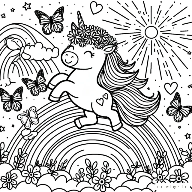 Une licorne joyeuse danse sur un arc-en-ciel, entourée de papillons brillants