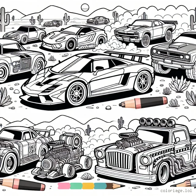 Imagine une scène d'une course de voitures animée dans un désert poussiéreux. Il y a des voitures de styles différents : sportive, ancienne, futuriste et même une voiture de style dessin animé. Les enfants peuvent colorier chaque voiture d'une couleur différente et ajouter des détails de leur choix.