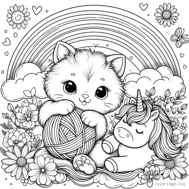 Un adorable chaton joue avec une pelote de laine sous un bel arc-en-ciel éclatant, entouré de jolies fleurs de printemps en quantité. À côté, reposant sur un nuage doux, se trouve une licorne magique souriante.
