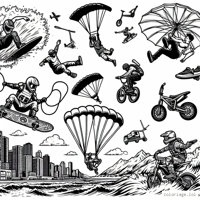 Imagine une scène d'action palpitante impliquant des athlètes pratiquant divers sports extrêmes. Inclut des sports comme le surf, le skateboard, le BMX, le saut à l'élastique, et le saut en parachute. Fais en sorte de capturer l'excitation et le dynamisme de ces sports.