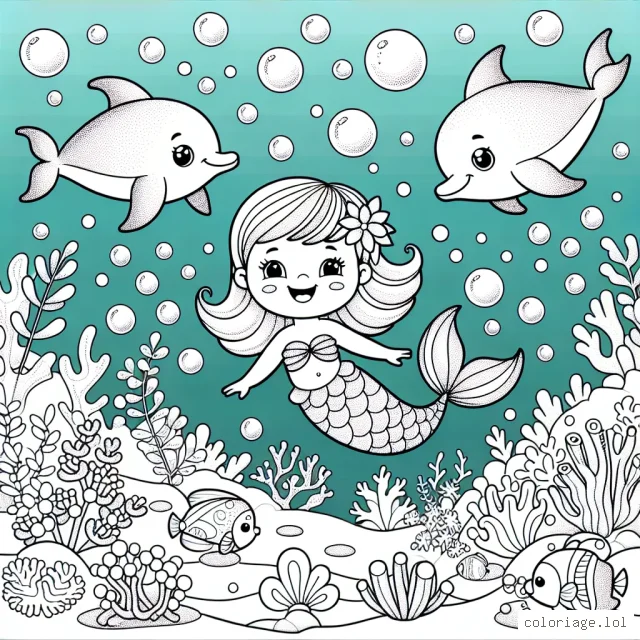 Une petite sirène nage joyeusement avec ses amis les poissons tropicaux et les dauphins, dans un monde sous-marin magique, peuplé de coraux multicolores et de bulles scintillantes.