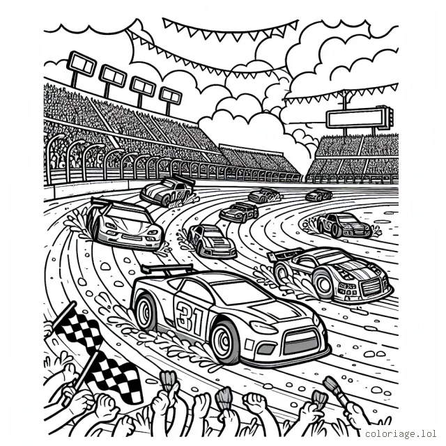 Dessiner plusieurs voitures de courses fantastiques sur un circuit à plusieurs niveaux. Avec des éclaboussures de boue, des pneus qui dérapent, des panneaux d'affichage et un public de fans en délire vus de loin dans les gradins.